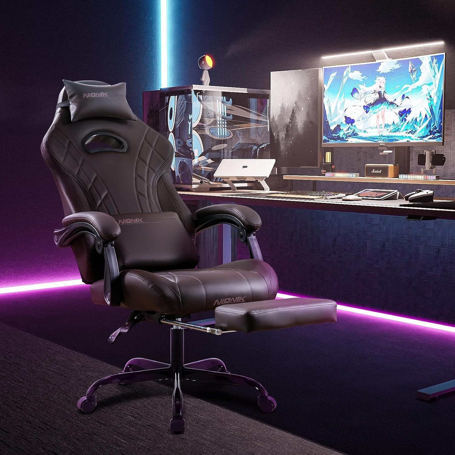 Gaming Chair with Footrest and Massage Lumbar Support, Ergonomic Computer Gamer