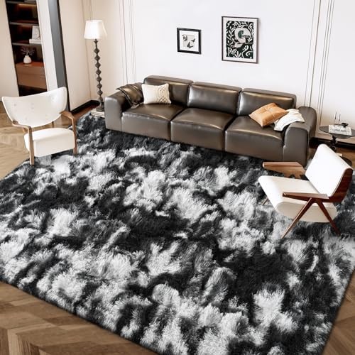  6x9 Feet Large Area Rugs for Living Room, Tie-Dyed Black and White Shaggy Rug 