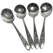 Rose & Leaf by National Silver Co. Silverplate Set of 4 Gumbo Soup Spoons 7"