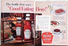 1954 two page magazine ad for Heinz Ketchup, Chili- Good Eating Here! 3 recipes