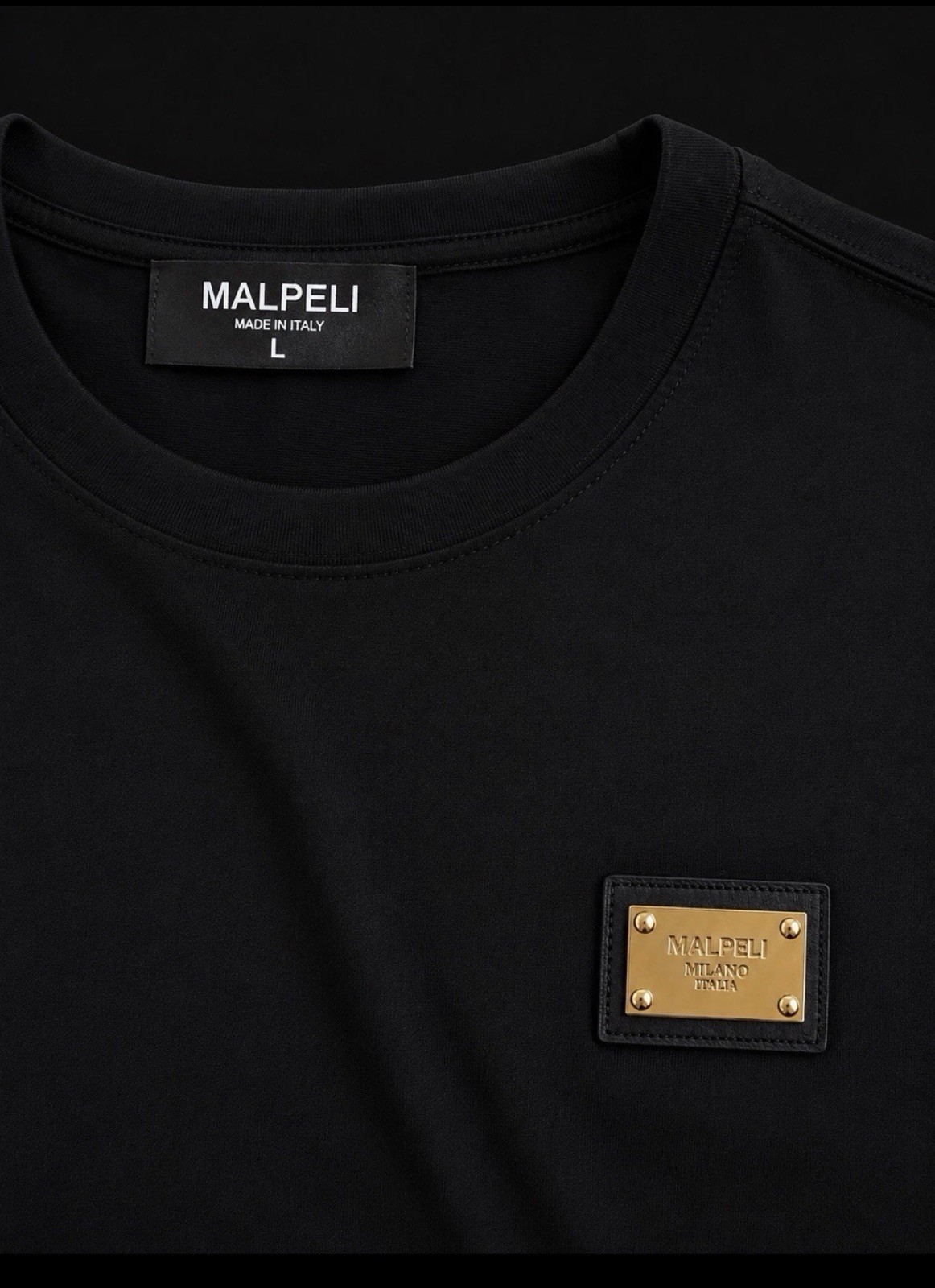 MALPELI Italian Designer T-Shirt Black Gold Badge Luxury Crew Neck Men’s