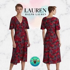 Ralph Lauren LRL Dress Womens 4 Georgette Red Paisley Belted Wrap Flutter Sleeve