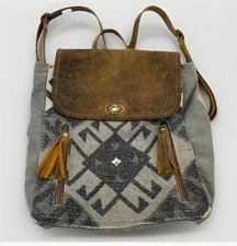 Myra Bag Handmade Composition Backpack Aztec, Southwest Design Canvas & Leather