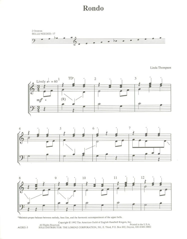 Rondo Sheet Music Handbells 2 Octaves 1992 Linda Thompson - Image 2 of 4
