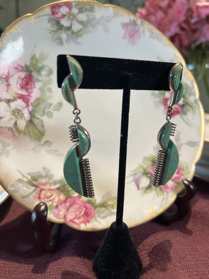 Vintage Sterling Silver and Turquoise Dangle Earrings, Stamped R.I. - Image 2 of 4