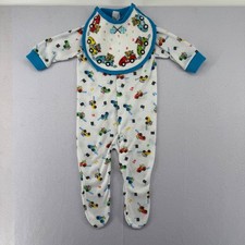Vintage Playskool Baby Race Car Bear Footed Sleeper and Bib Set Medium USA Made