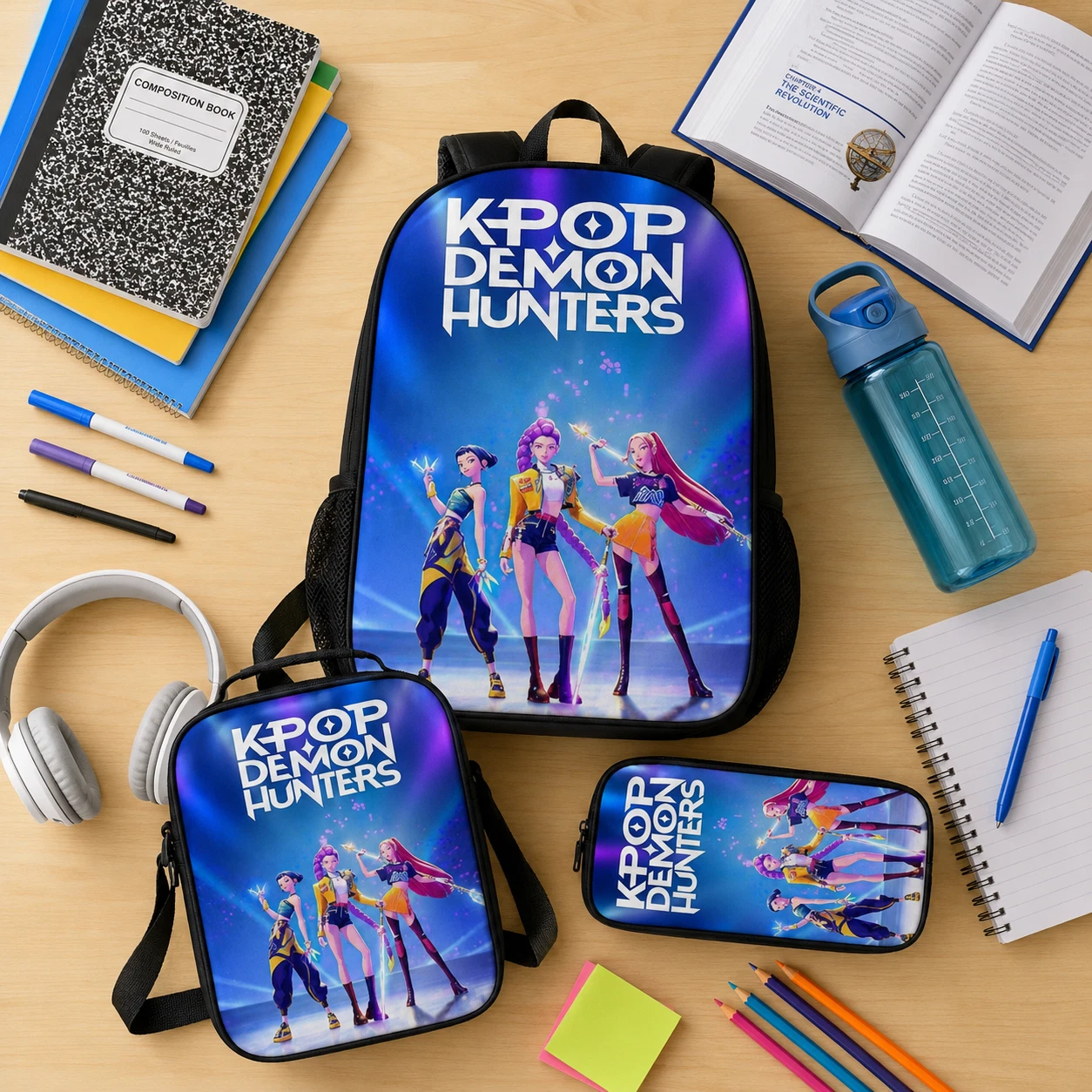 3PC Anime School Backpack Set for Kids, Blue, Bookbag with Lunch Bag and Pencil Case