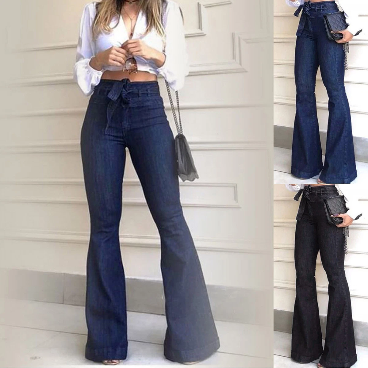 Women Solid Destroyed Flare Jeans Elastic Waist Bell Bottom Hem