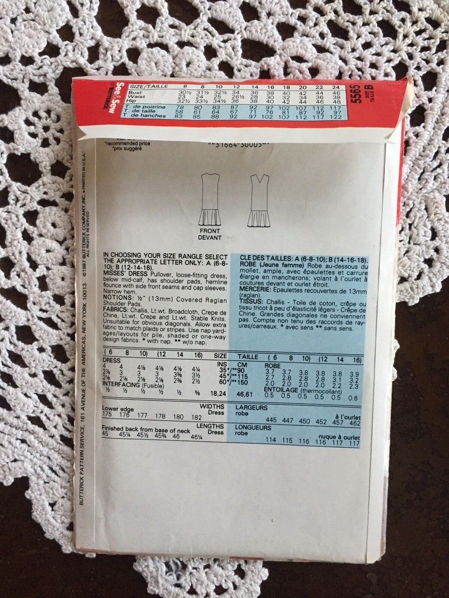 5565 See & Sew Vintage 1987 Easy Sewing Pattern B (12 14 16