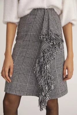 NWT Anthropologie Mare Mare Fringed Plaid Ruffled Mini Skirt XS Black White $160