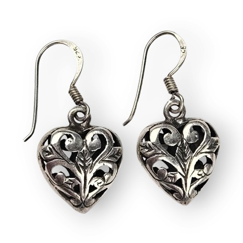 Sterling Puffy Heart Drop Earrings Floral Filigree 925 Silver Vintage 1 1/8" - Picture 8 of 12