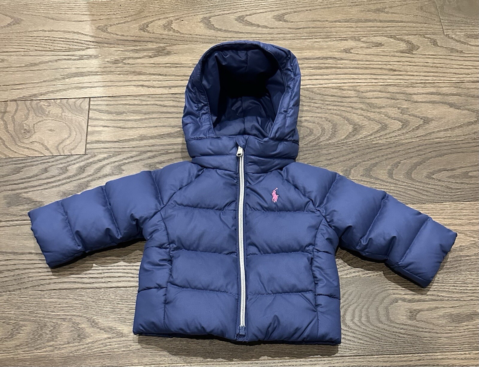 Ralph Lauren Baby Puffer Jacket 6M blu navy cappotto con cappuccio rosa logo pony