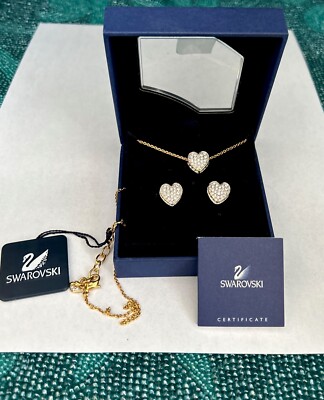 VTG Original Swarovski  Heart Shape Necklace & Earrings Set Pave Crystal G.Tone