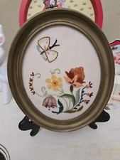 Vintage Oval Framed Crewel Embroidery Art of Flowers Floral Wall Decor 11  Tall