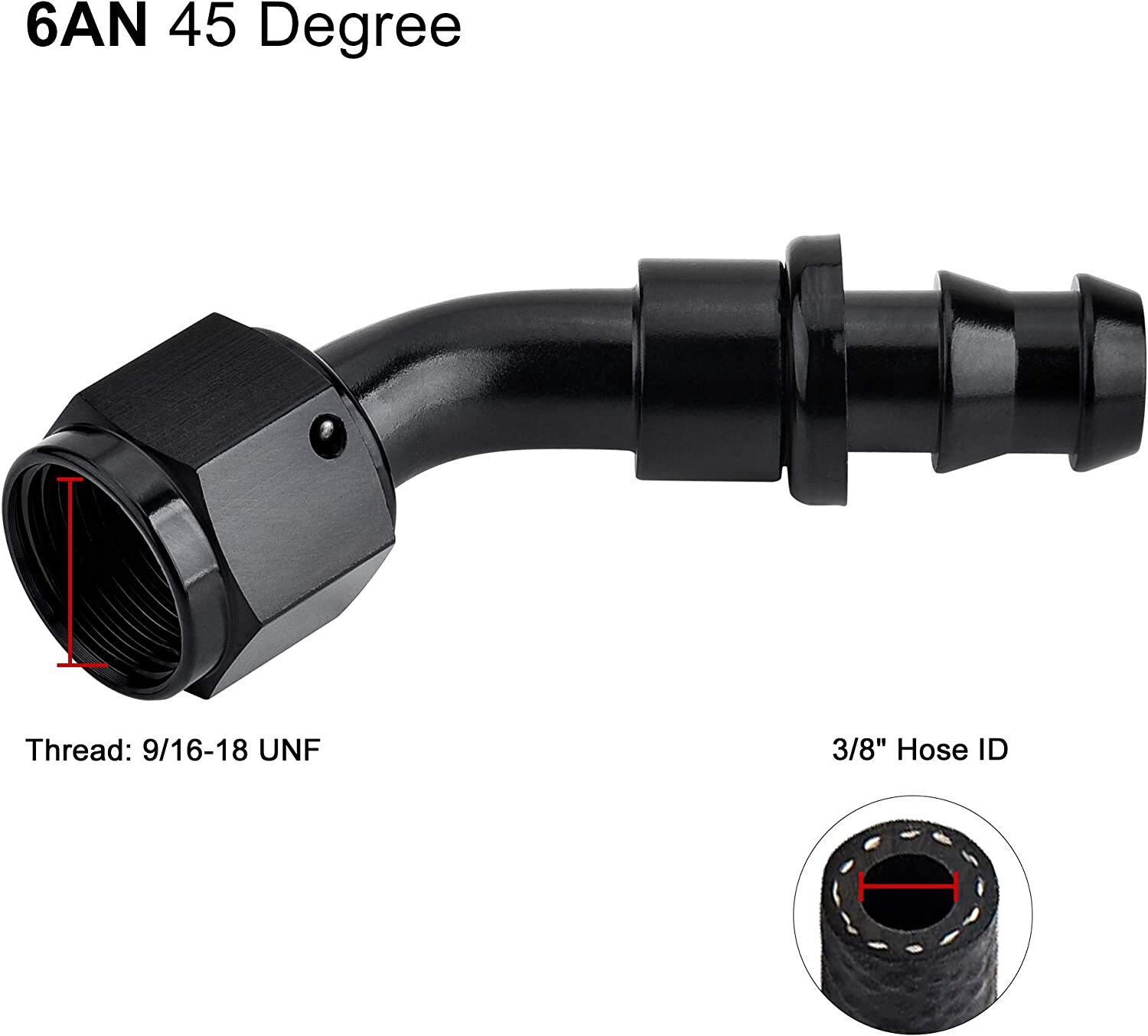 LokoCar 6AN Push Lock Hose Barb Fittings AN6 45° 45 Degree End Black