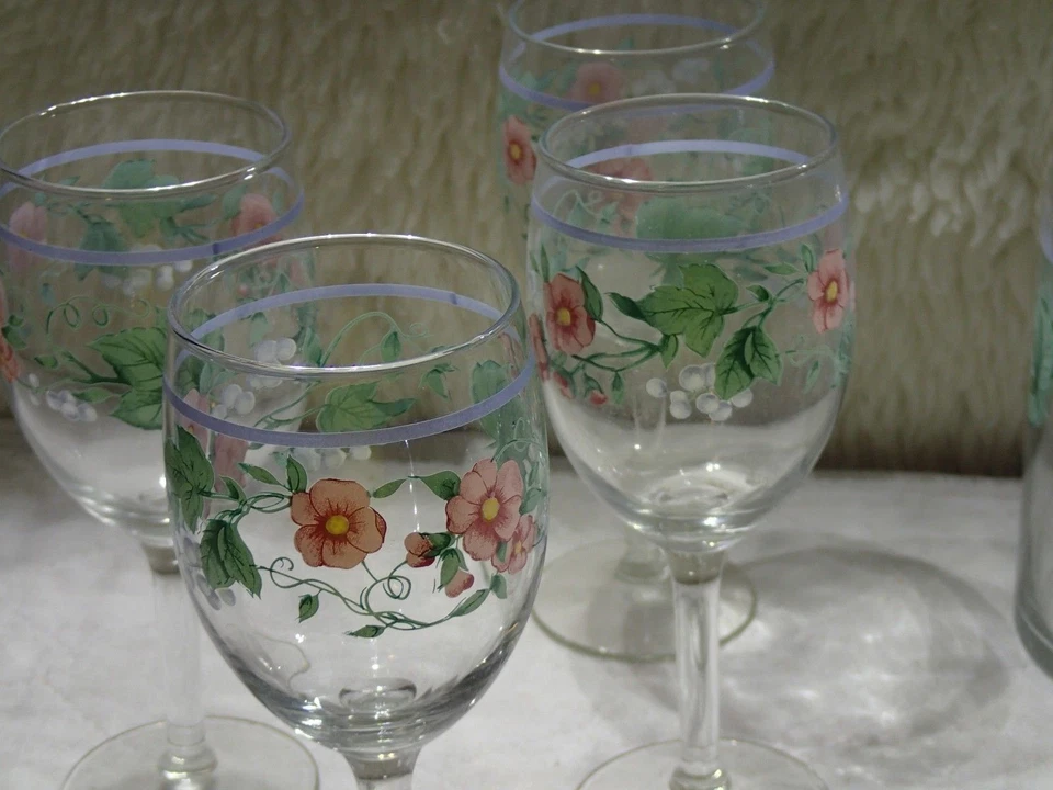 Wine decanter service set 9 piece LIBBEY glassware Vintage Painted Glass MINT - Image 2 of 4