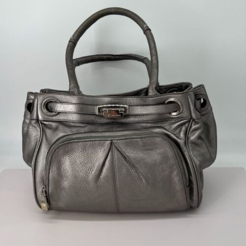 B. Makowsky Metallic Gray Leather Satchel Handbag Purse Silver Hardware 2 Strap