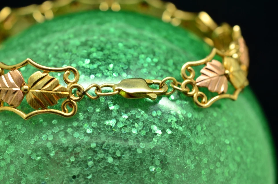 7 «10K желтое золото Black Hills золото листья цепочка браслет 11 мм 8,4 грамма - Изображение 4 из 4