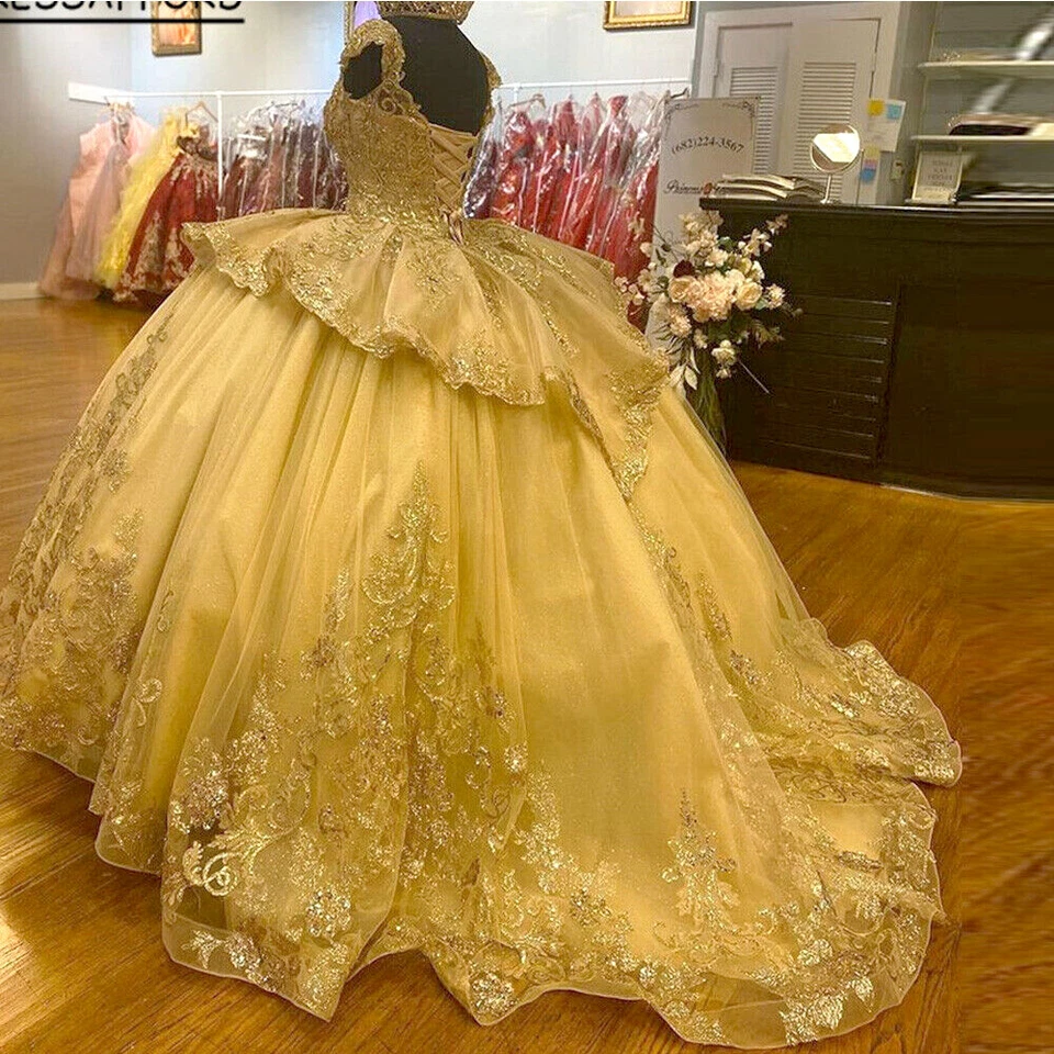 Блестящий золотой Quinceanera платья кружева сладкий 15 16 вечеринки выпускного вечера бальные платья бисером - Изображение 2 из 4