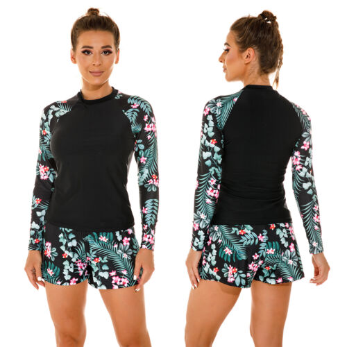 Women's Long Sleeve Surf Rash Guard Floral Print Swimsuit 2 Piece Set Swimwear