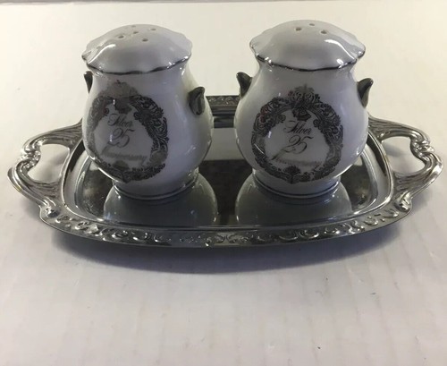 25th Silver Wedding Anniversary Plate S/P Shakers Collector Dinner Lefton Napco - Picture 4 of 9