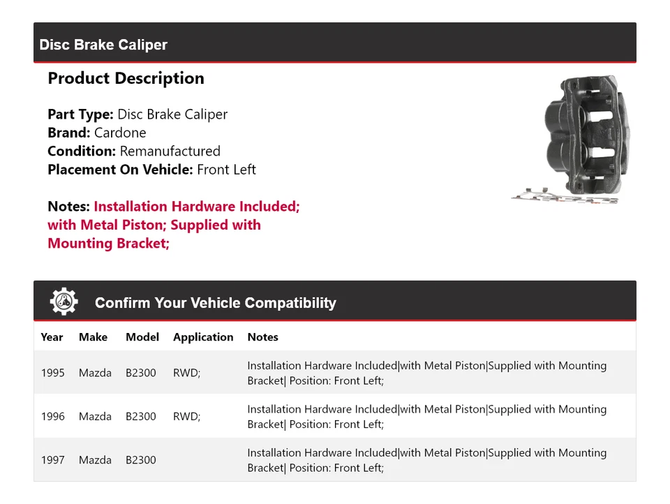 Pinza de freno de disco delantera izquierda cardone 1996 para Mazda B2300 1995-1997 Foto 2 de 4