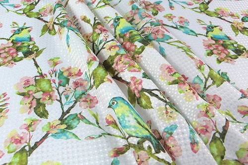 Deko Frühling Vögel Stoff Duschvorhang Gitter Blüten und Grünzeug - Bild 3 von 4