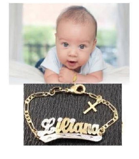 Baby Personalized 14K gold overly id name Bracelet with cross /5 1/2 inch /au1
