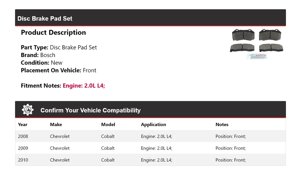 Синие керамические передние тормозные колодки для Chevrolet Cobalt 2,0 л L4 Bosch 2008-2010 годов выпуска 2009 года - Изображение 2 из 4