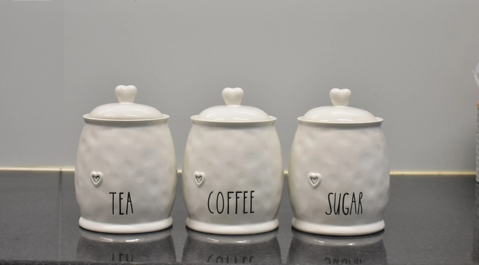 Set of 3 Ceramic Tea Coffee & Sugar White Storage Jars Shabby Chic Heart Design
Opens in a new windo