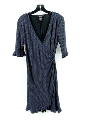 Express 1/2 Sleeve Black Blue Gray Striped Faux Wrap Stretch Dress Size 5/6