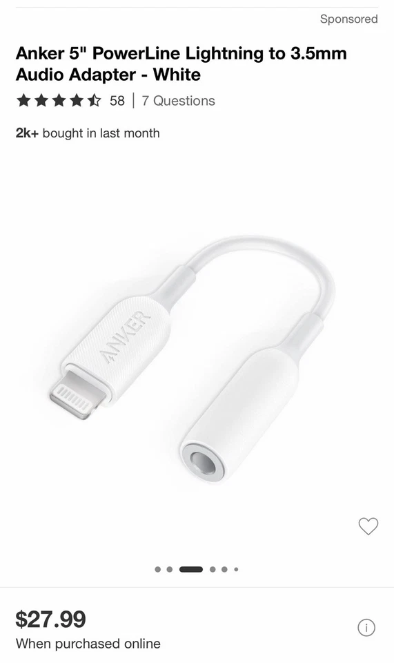 Adaptador de audio Anker PowerLine de 5" a 3,5 mm - blanco Foto 2 de 4