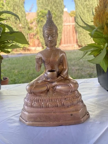 Vtg Bronze Thai Sitting Buddha Statue Gold Painted Meditation Figurine