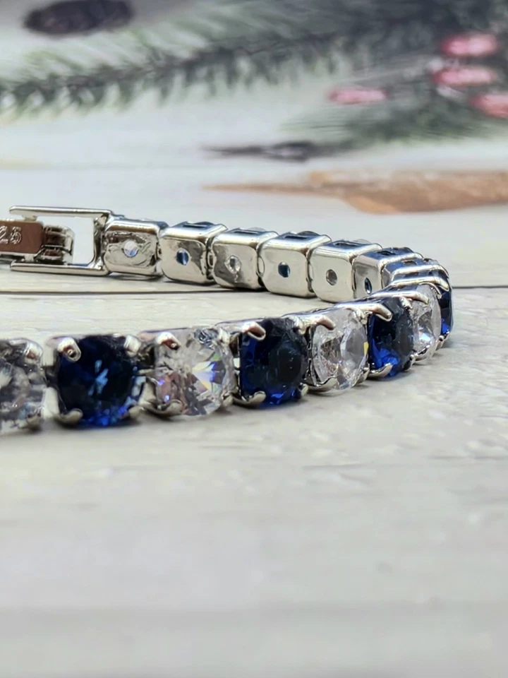 Bracelet Tennis Argent 925 et Zirconiums Bleu -  Femme / Homme Taille 18cm  - Photo 2/3