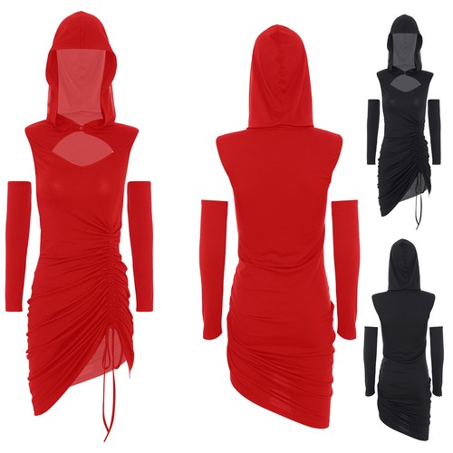 Womens Vampire Dress Halloween Costume Gothic Witch Hooded Dress with Oversleeve - Picture 4 of 24