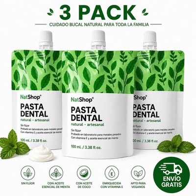 NatShop Natural Toothpaste Fluoride Free Mint Vitamin E 100ml Vegan Mexico 3pcs