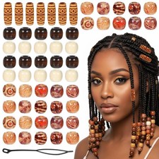 60Pcs Wooden Beads for Hair, Vintage Round Wooden Hair Beads for Women Colorf...