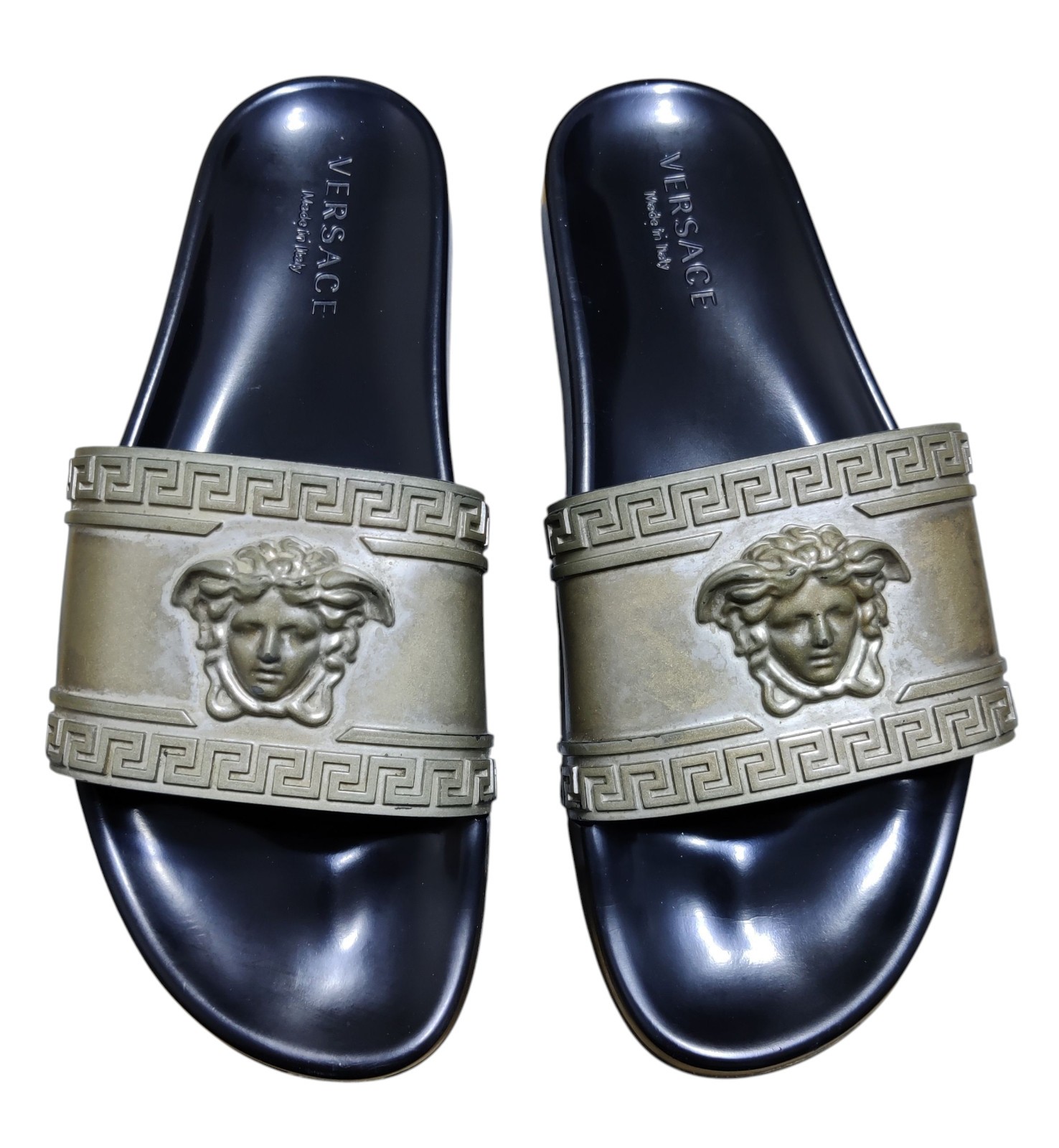 Vintage Versace Palazzo Medusa Slides Black Gold Pool Slipper Men US 11 EU 44