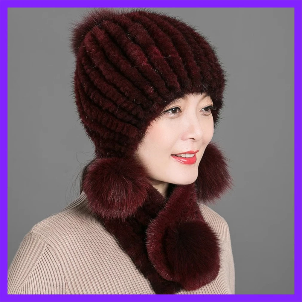 100% Real Mink Fur Hat and Scarf Thicken Winter Warm Knitted Wooling Cap Women