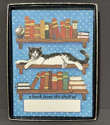 Vintage Antioch Paper Bookplates Set of 49 Cat on a Book Shelf Theme 4 x 3 in