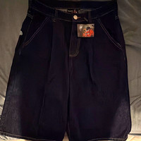 derschutze men’s black denim shorts size 30 waist 30 embroidered anime 5-pocket