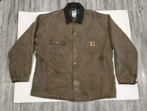Vintage Carhartt C02 CHT Duck Canvas Chore Coat Blanket Lined Brown Jacket
