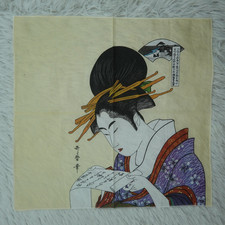 Japanese Ukiyo-e Geisha Kimono Cotton Mini Scarf Pocket Square 15.5" X 16" Q213
