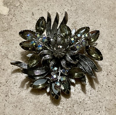 Vintage Unsigned Elsa Schiaparelli Silver Tone Gray & AB Rhinestone Pin Brooch