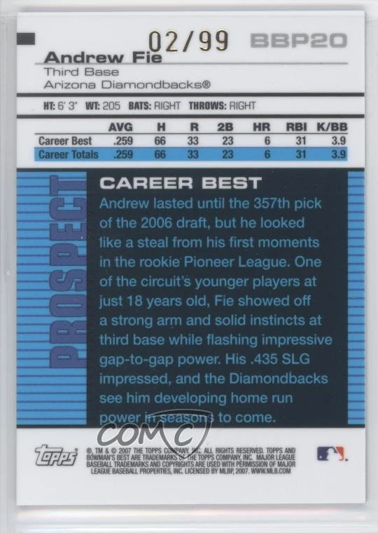 2007 Bowman's Best Prospects Blue /99 Andrew Fie #BBP20 - Image 2 of 2
