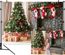 10x8ft Christmas Fireplace Backdrop, Seamless, Xmas Tree, Studio Prop, WXL41E