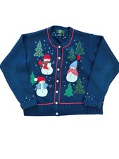 Vtg Orvis Holiday Christmas Cardigan Sweater Sz L Snowman Cotton Blend Grandma