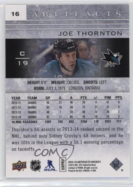 2014-15 Upper Deck Artifacts Joe Thornton #16 HOF - Image 2 of 2