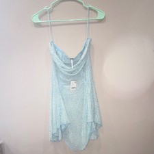 Free People Blue Floral Mesh Sleeveless Cowl Neck Mini Dress L