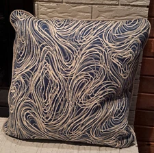 Azure & Beige Lines Embroidered " Mill Pond" Design Throw Pillow Size 23" X 23"